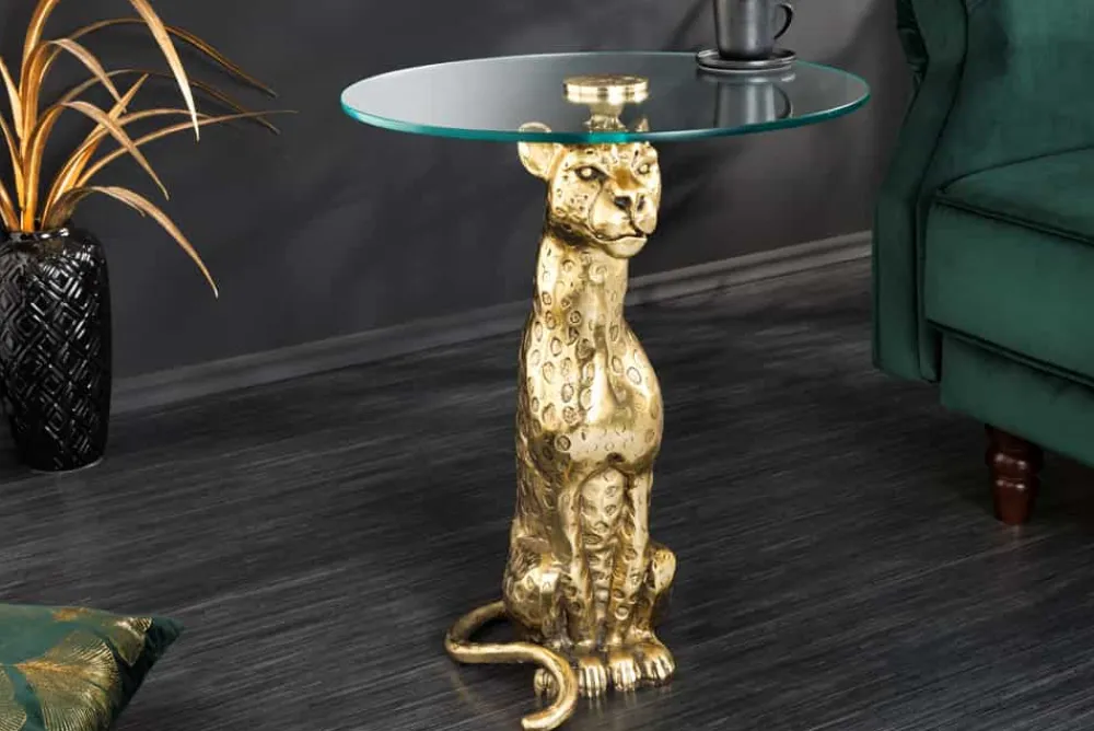 Riess-Ambiente Beistelltische|Goldene Möbel > Runder Beistelltisch WILDLIFE PANTHER 60cm gold antik Metall Glas Skulptur handmade