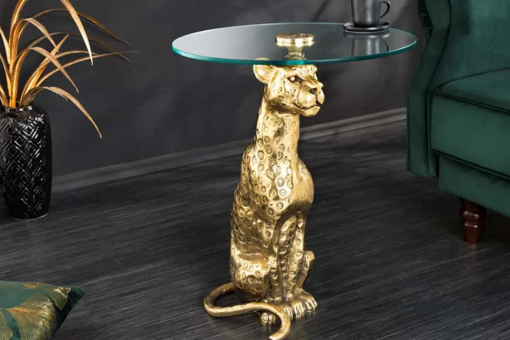 Riess-Ambiente Beistelltische|Goldene Möbel > Runder Beistelltisch WILDLIFE PANTHER 60cm gold antik Metall Glas Skulptur handmade