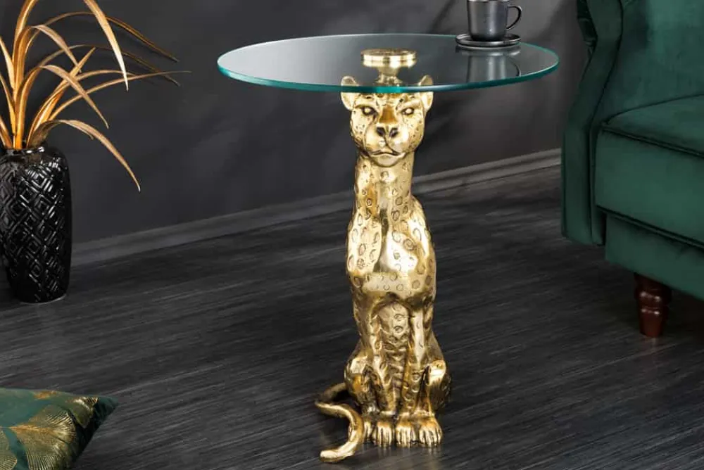 Riess-Ambiente Beistelltische|Goldene Möbel > Runder Beistelltisch WILDLIFE PANTHER 60cm gold antik Metall Glas Skulptur handmade
