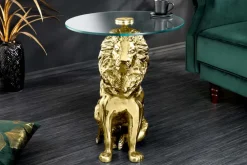 Riess-Ambiente Beistelltische > Runder Beistelltisch WILDLIFE LION 60cm gold antik Metall Glas Löwen Skulptur
