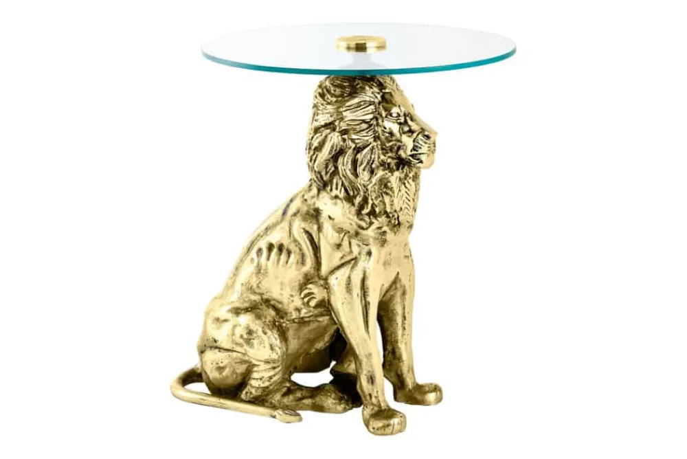 Riess-Ambiente Beistelltische > Runder Beistelltisch WILDLIFE LION 60cm gold antik Metall Glas Löwen Skulptur