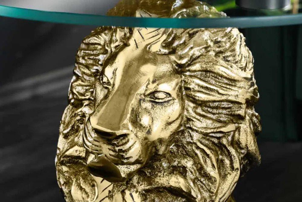 Riess-Ambiente Beistelltische > Runder Beistelltisch WILDLIFE LION 60cm gold antik Metall Glas Löwen Skulptur