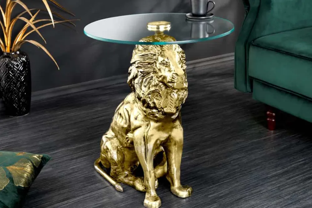 Riess-Ambiente Beistelltische > Runder Beistelltisch WILDLIFE LION 60cm gold antik Metall Glas Löwen Skulptur