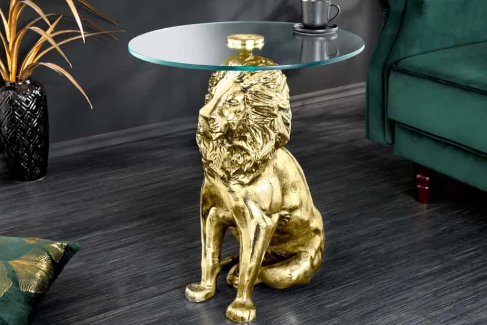Riess-Ambiente Beistelltische > Runder Beistelltisch WILDLIFE LION 60cm gold antik Metall Glas Löwen Skulptur