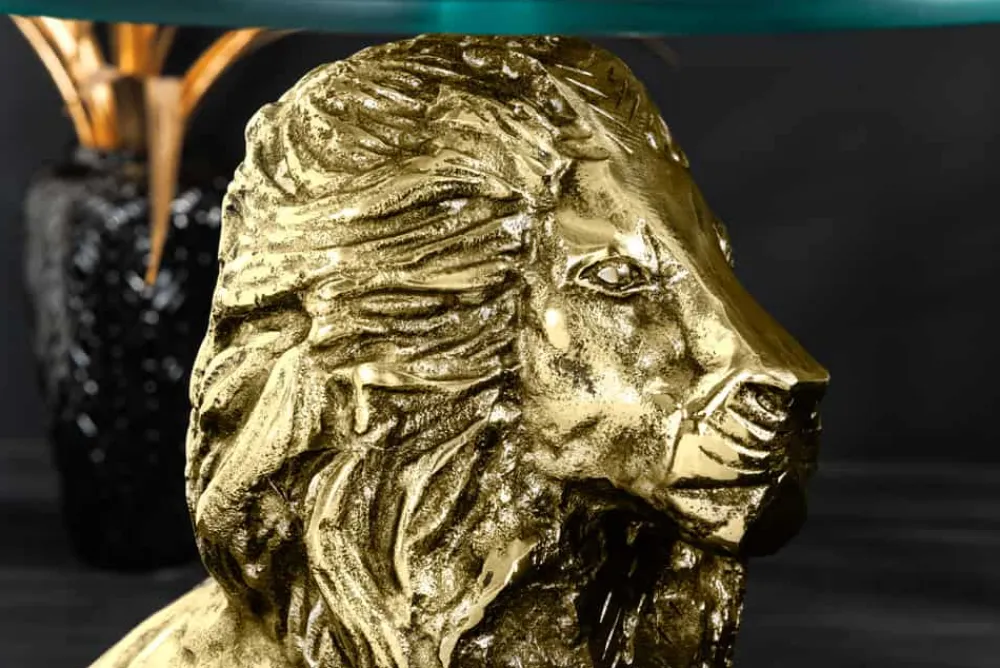 Riess-Ambiente Beistelltische > Runder Beistelltisch WILDLIFE LION 60cm gold antik Metall Glas Löwen Skulptur