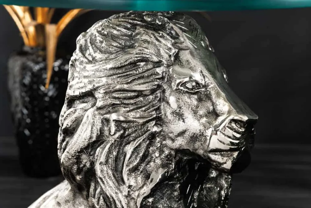 Riess-Ambiente Beistelltische > Runder Beistelltisch WILDLIFE LION 60cm silber antik Metall Glas Löwen Skulptur