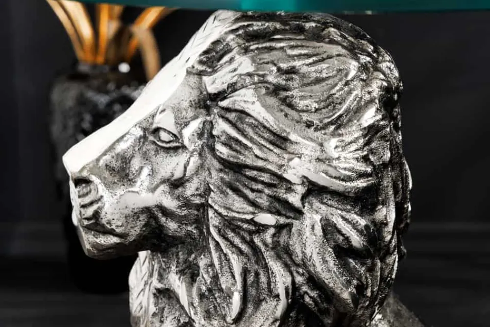 Riess-Ambiente Beistelltische > Runder Beistelltisch WILDLIFE LION 60cm silber antik Metall Glas Löwen Skulptur