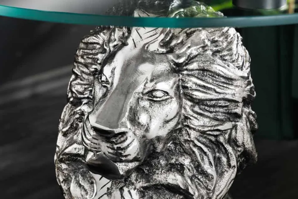 Riess-Ambiente Beistelltische > Runder Beistelltisch WILDLIFE LION 60cm silber antik Metall Glas Löwen Skulptur