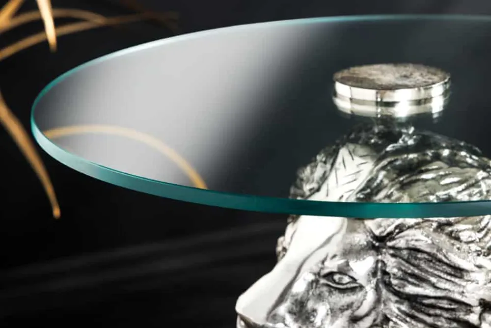 Riess-Ambiente Beistelltische > Runder Beistelltisch WILDLIFE LION 60cm silber antik Metall Glas Löwen Skulptur