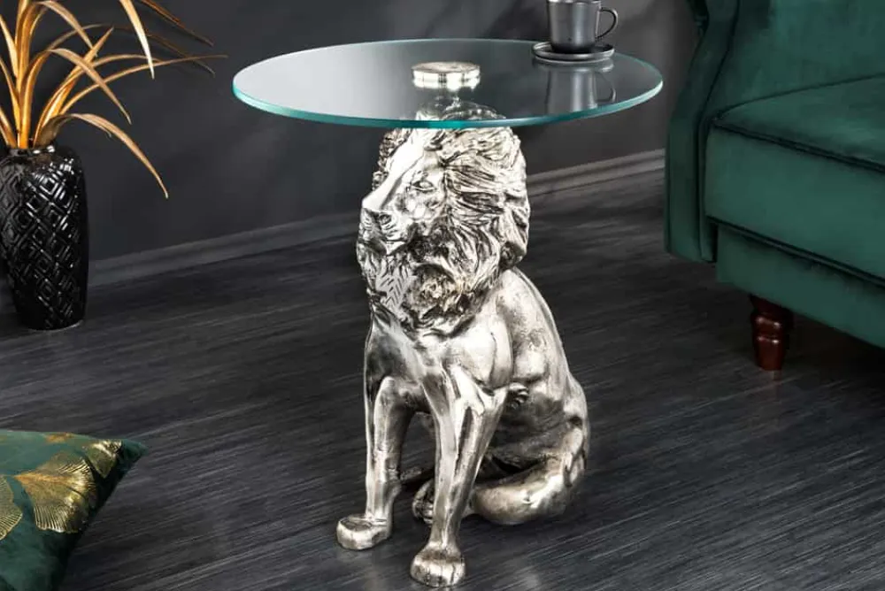 Riess-Ambiente Beistelltische > Runder Beistelltisch WILDLIFE LION 60cm silber antik Metall Glas Löwen Skulptur
