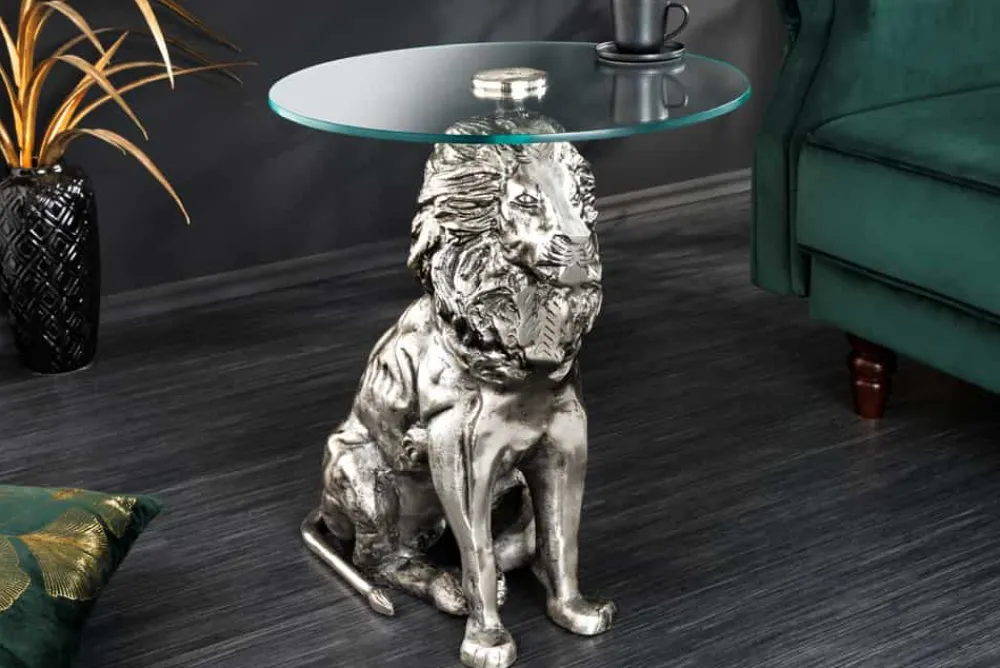 Riess-Ambiente Beistelltische > Runder Beistelltisch WILDLIFE LION 60cm silber antik Metall Glas Löwen Skulptur