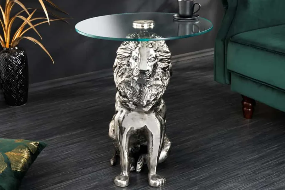 Riess-Ambiente Beistelltische > Runder Beistelltisch WILDLIFE LION 60cm silber antik Metall Glas Löwen Skulptur