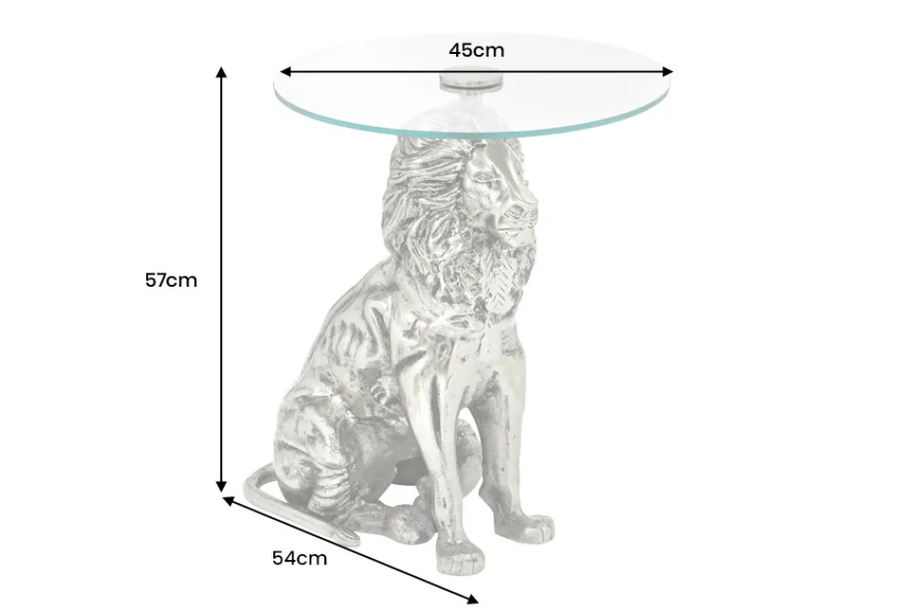 Riess-Ambiente Beistelltische > Runder Beistelltisch WILDLIFE LION 60cm silber antik Metall Glas Löwen Skulptur