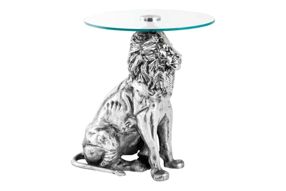 Riess-Ambiente Beistelltische > Runder Beistelltisch WILDLIFE LION 60cm silber antik Metall Glas Löwen Skulptur