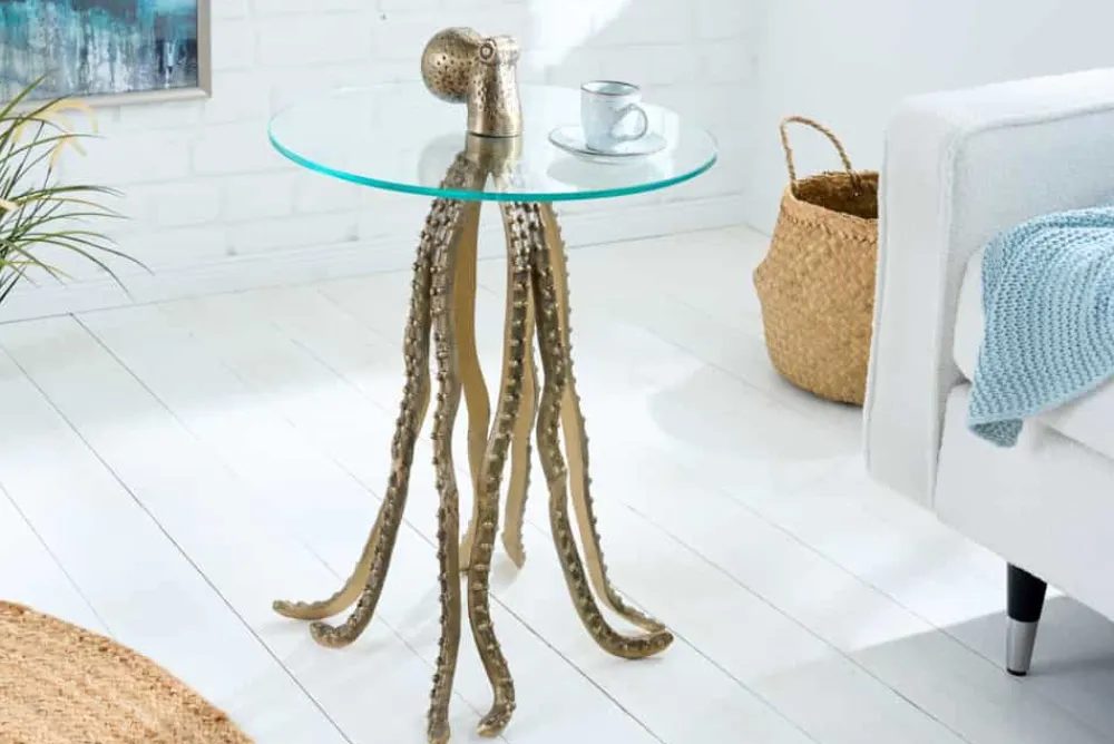 Riess-Ambiente Beistelltische|Goldene Möbel > Runder Beistelltisch WILDLIFE OCTOPUS 70cm messing gold Metall Glas Skulptur handmade