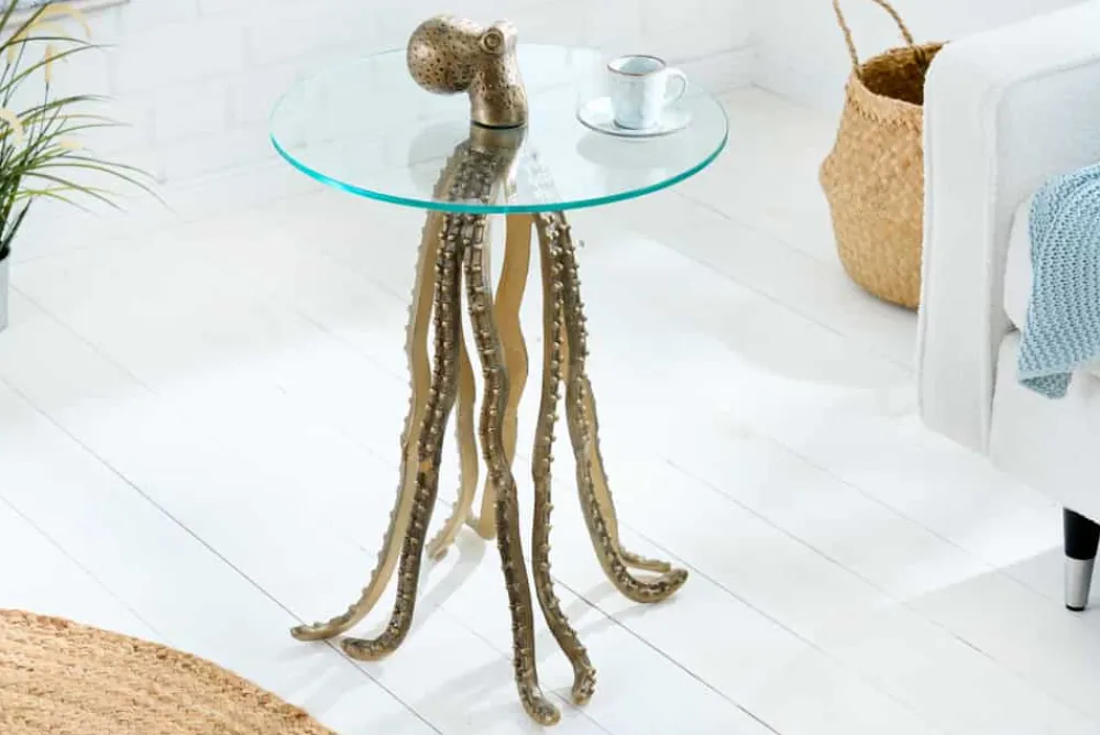 Riess-Ambiente Beistelltische|Goldene Möbel > Runder Beistelltisch WILDLIFE OCTOPUS 70cm messing gold Metall Glas Skulptur handmade