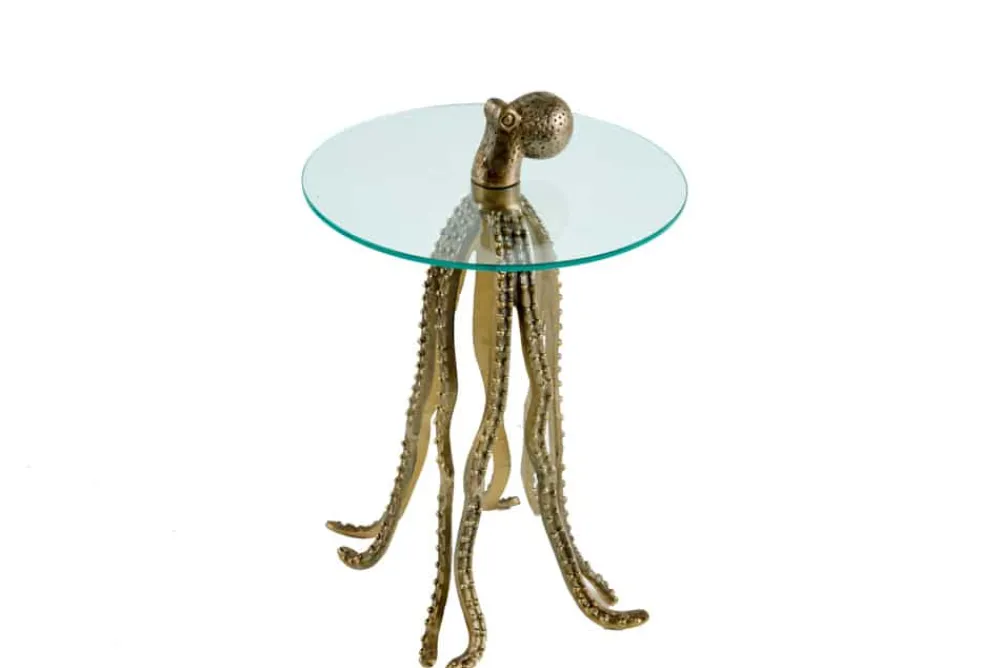 Riess-Ambiente Beistelltische|Goldene Möbel > Runder Beistelltisch WILDLIFE OCTOPUS 70cm messing gold Metall Glas Skulptur handmade