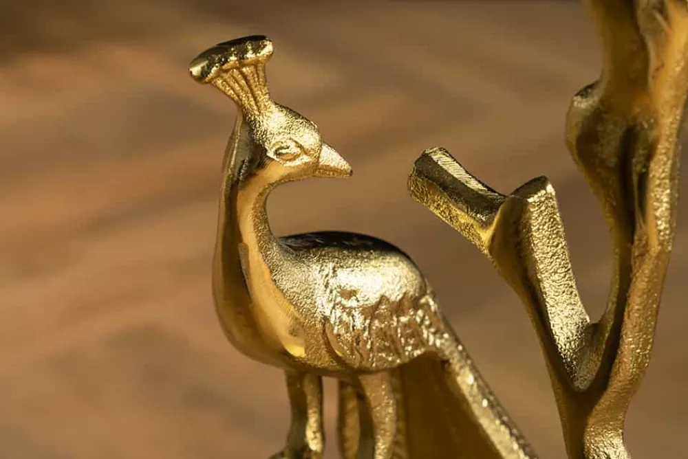 Riess-Ambiente Beistelltische|Goldene Möbel > Runder Beistelltisch WILDLIFE PEACOCK 60cm gold Glasplatte Metall Pfauen-Skulptur