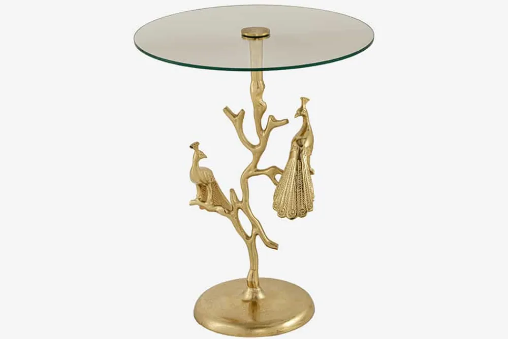 Riess-Ambiente Beistelltische|Goldene Möbel > Runder Beistelltisch WILDLIFE PEACOCK 60cm gold Glasplatte Metall Pfauen-Skulptur
