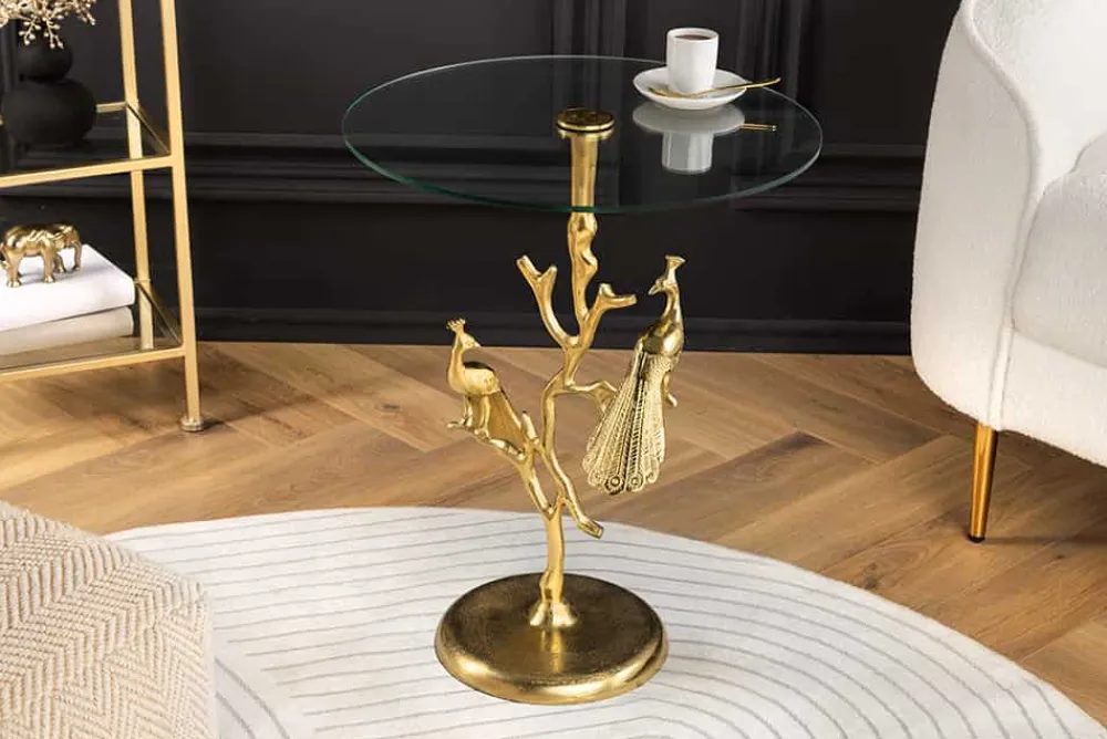 Riess-Ambiente Beistelltische|Goldene Möbel > Runder Beistelltisch WILDLIFE PEACOCK 60cm gold Glasplatte Metall Pfauen-Skulptur