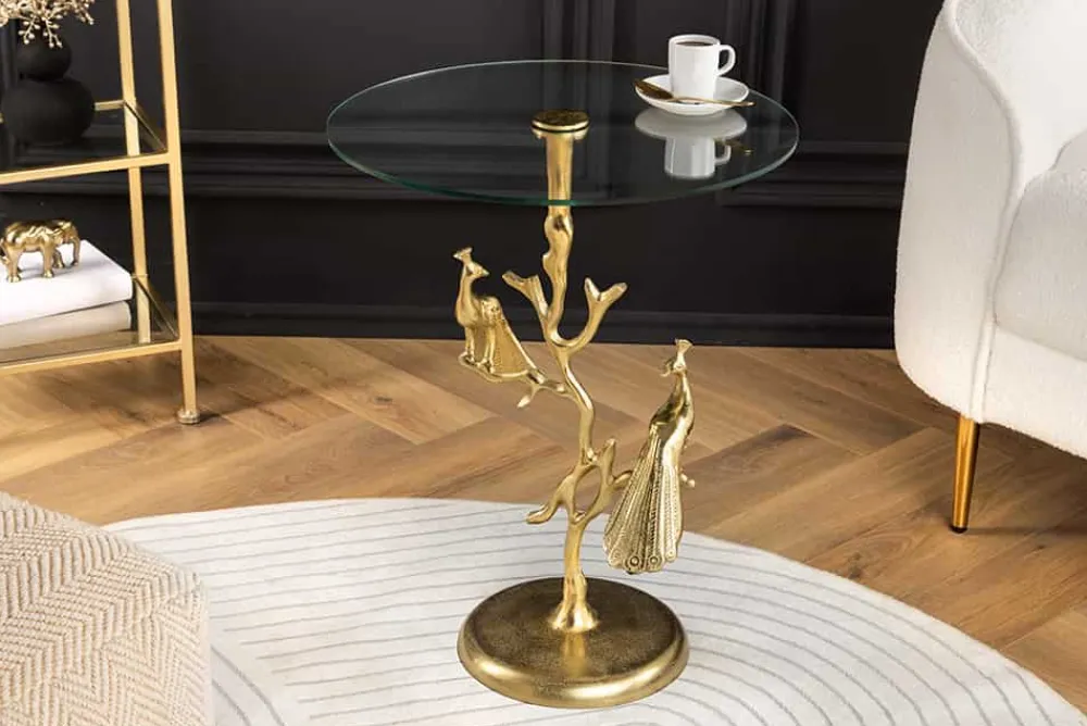 Riess-Ambiente Beistelltische|Goldene Möbel > Runder Beistelltisch WILDLIFE PEACOCK 60cm gold Glasplatte Metall Pfauen-Skulptur