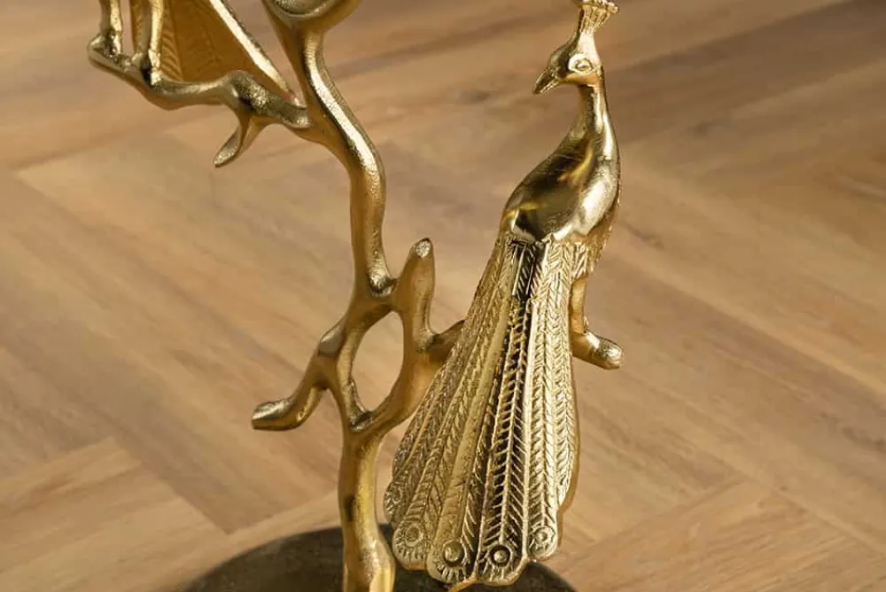Riess-Ambiente Beistelltische|Goldene Möbel > Runder Beistelltisch WILDLIFE PEACOCK 60cm gold Glasplatte Metall Pfauen-Skulptur