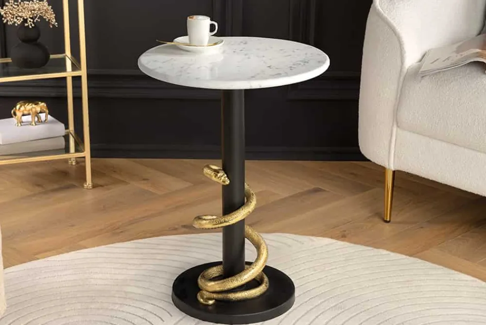 Riess-Ambiente Beistelltische|Goldene Möbel > Runder Beistelltisch WILDLIFE SNAKE 55cm weiß Marmor gold schwarz Schlange Skulptur