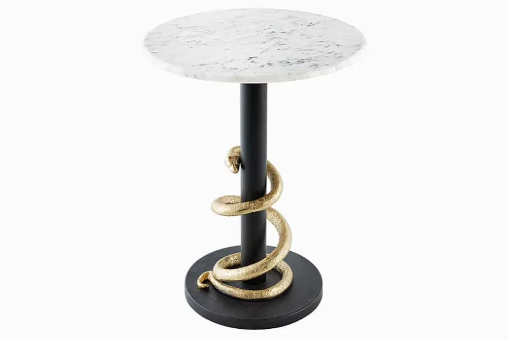Riess-Ambiente Beistelltische|Goldene Möbel > Runder Beistelltisch WILDLIFE SNAKE 55cm weiß Marmor gold schwarz Schlange Skulptur