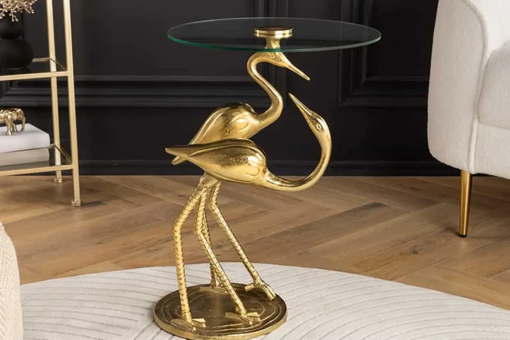 Riess-Ambiente Beistelltische|Goldene Möbel > Runder Beistelltisch WILDLIFE CRANE 55cm gold Glas Kranich-Skulptur handmade