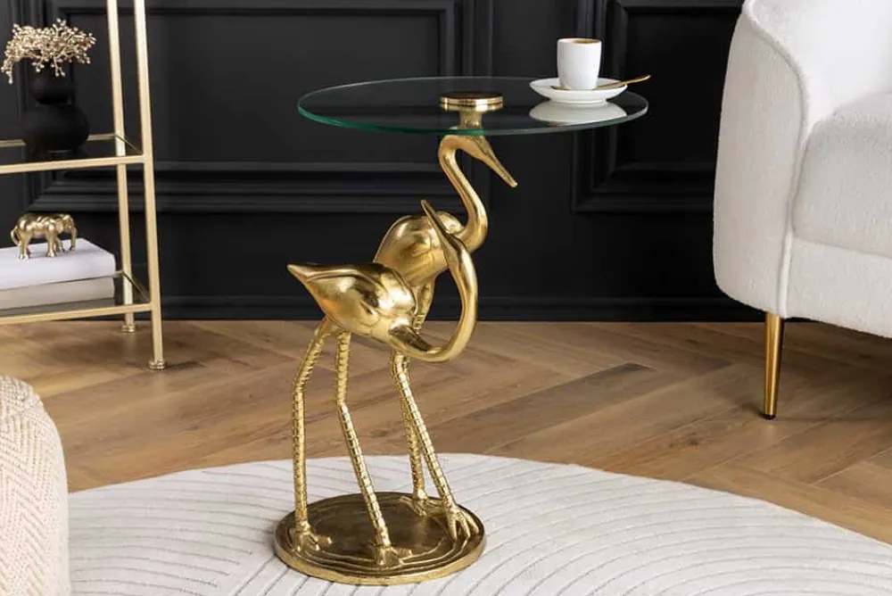 Riess-Ambiente Beistelltische|Goldene Möbel > Runder Beistelltisch WILDLIFE CRANE 55cm gold Glas Kranich-Skulptur handmade
