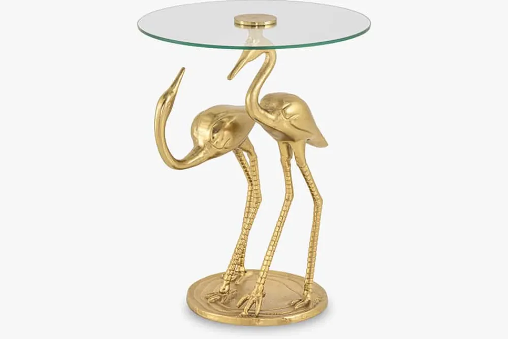 Riess-Ambiente Beistelltische|Goldene Möbel > Runder Beistelltisch WILDLIFE CRANE 55cm gold Glas Kranich-Skulptur handmade