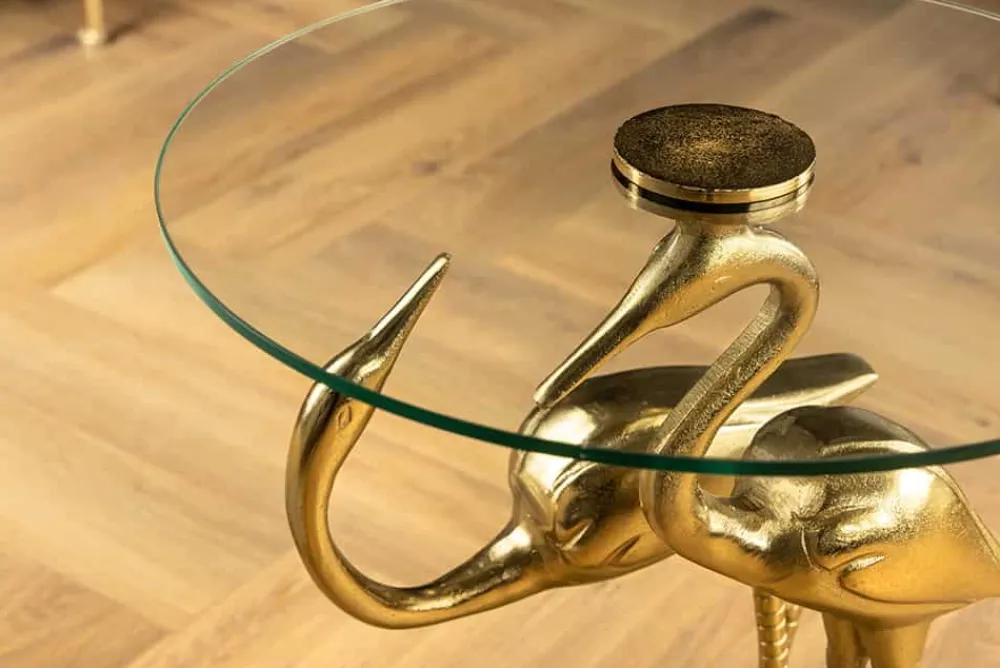 Riess-Ambiente Beistelltische|Goldene Möbel > Runder Beistelltisch WILDLIFE CRANE 55cm gold Glas Kranich-Skulptur handmade