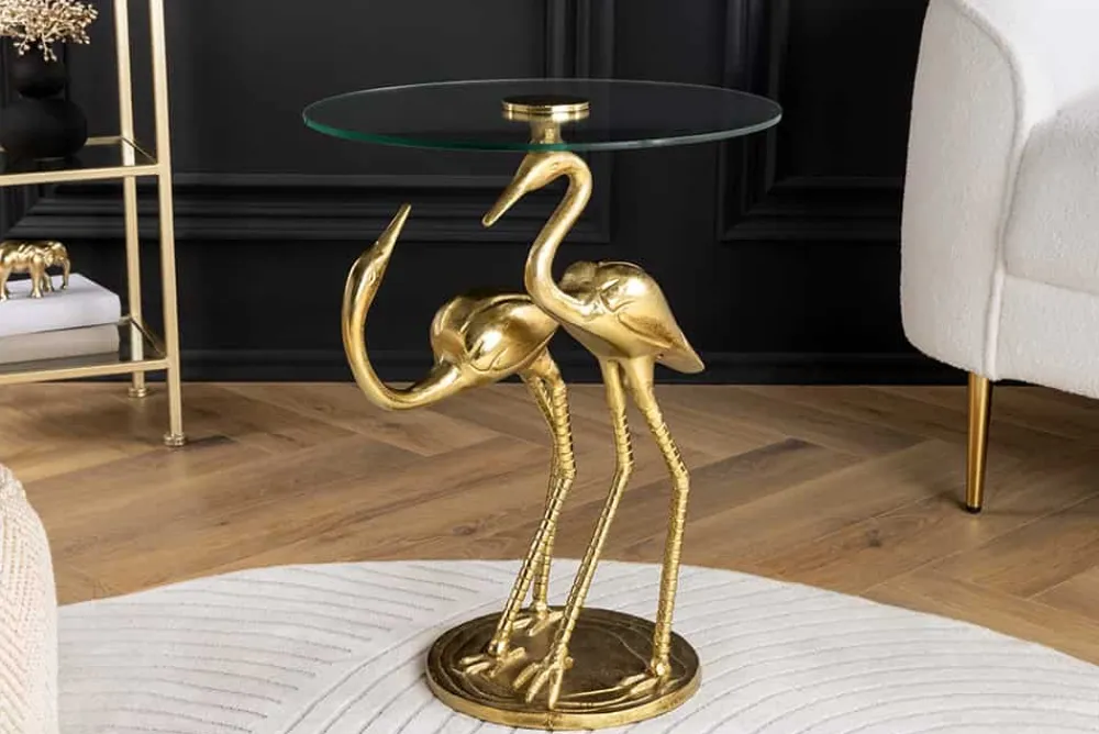 Riess-Ambiente Beistelltische|Goldene Möbel > Runder Beistelltisch WILDLIFE CRANE 55cm gold Glas Kranich-Skulptur handmade