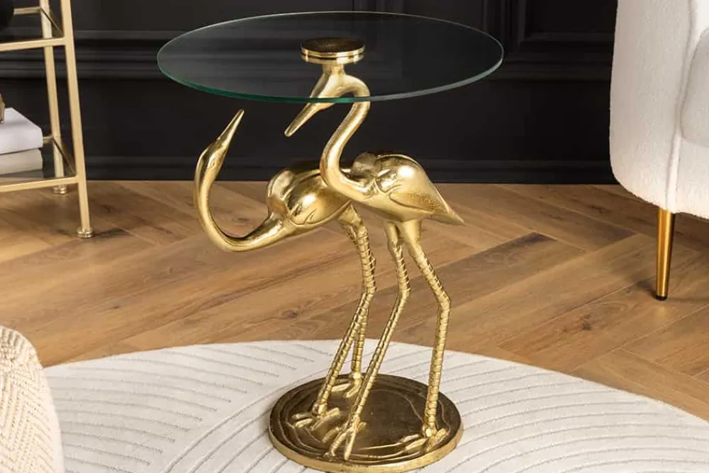 Riess-Ambiente Beistelltische|Goldene Möbel > Runder Beistelltisch WILDLIFE CRANE 55cm gold Glas Kranich-Skulptur handmade