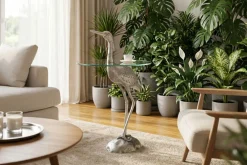 Riess-Ambiente Beistelltische|Couchtische & Truhen > Runder Beistelltisch WILDLIFE HERON 90cm silber Metall Glas Fischreiher Skulptur handmade