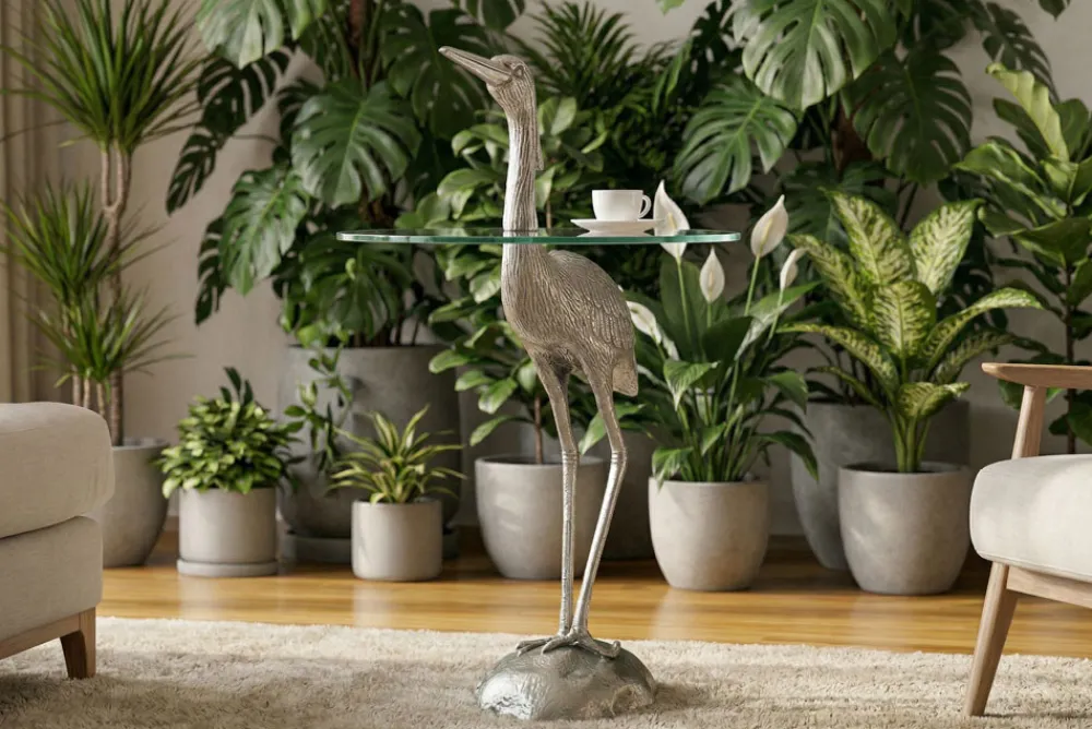 Riess-Ambiente Beistelltische|Couchtische & Truhen > Runder Beistelltisch WILDLIFE HERON 90cm silber Metall Glas Fischreiher Skulptur handmade
