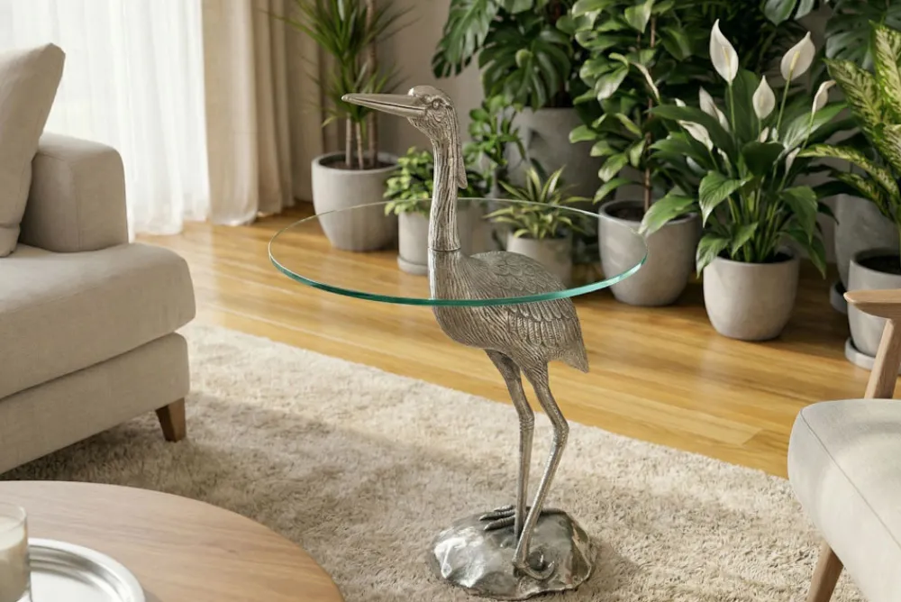 Riess-Ambiente Beistelltische|Couchtische & Truhen > Runder Beistelltisch WILDLIFE HERON 90cm silber Metall Glas Fischreiher Skulptur handmade