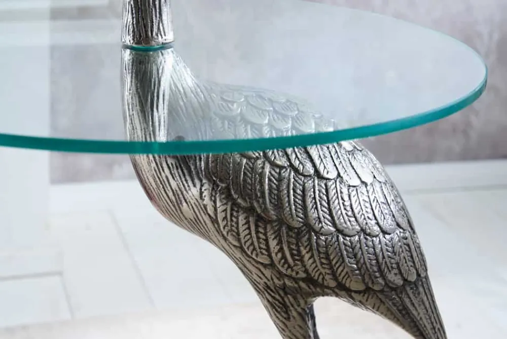 Riess-Ambiente Beistelltische|Couchtische & Truhen > Runder Beistelltisch WILDLIFE HERON 90cm silber Metall Glas Fischreiher Skulptur handmade