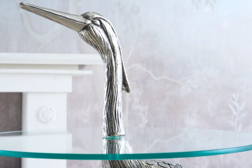 Riess-Ambiente Beistelltische|Couchtische & Truhen > Runder Beistelltisch WILDLIFE HERON 90cm silber Metall Glas Fischreiher Skulptur handmade