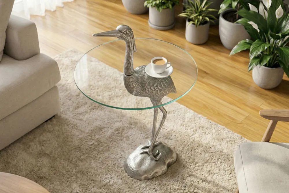 Riess-Ambiente Beistelltische|Couchtische & Truhen > Runder Beistelltisch WILDLIFE HERON 90cm silber Metall Glas Fischreiher Skulptur handmade