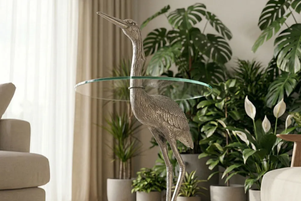 Riess-Ambiente Beistelltische|Couchtische & Truhen > Runder Beistelltisch WILDLIFE HERON 90cm silber Metall Glas Fischreiher Skulptur handmade
