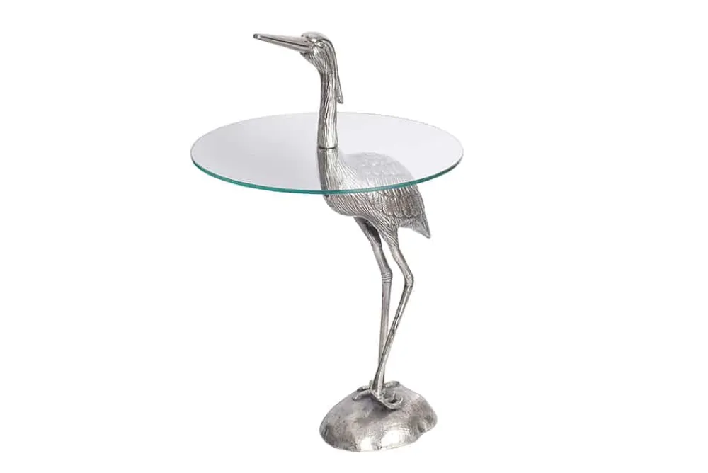 Riess-Ambiente Beistelltische|Couchtische & Truhen > Runder Beistelltisch WILDLIFE HERON 90cm silber Metall Glas Fischreiher Skulptur handmade