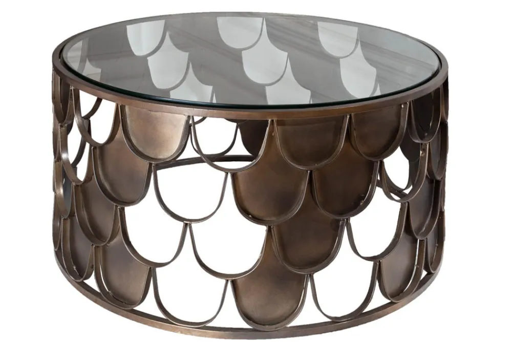 Riess-Ambiente Industrial Loft|Couchtische & Truhen > Runder Couchtisch ABSTRACT 60cm antik messing Metall Glas Industrial Fischschuppen Design