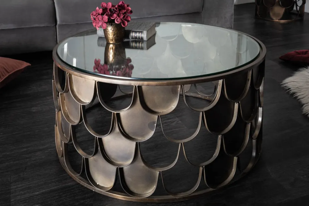 Riess-Ambiente Industrial Loft|Couchtische & Truhen > Runder Couchtisch ABSTRACT 60cm antik messing Metall Glas Industrial Fischschuppen Design