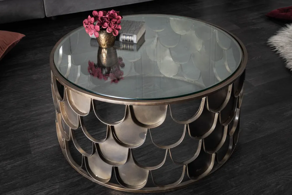Riess-Ambiente Industrial Loft|Couchtische & Truhen > Runder Couchtisch ABSTRACT 60cm antik messing Metall Glas Industrial Fischschuppen Design