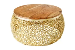 Riess-Ambiente Mehr...|Couchtische > Runder Couchtisch ABSTRACT LEAF 75cm gold Metall massiv Akazienholz filigrane Handarbeit
