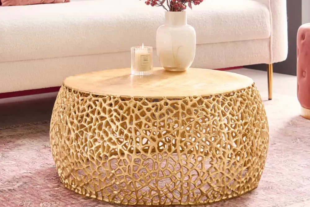 Riess-Ambiente Goldene Möbel|Couchtische & Truhen > Runder Couchtisch ABSTRACT LEAF 75cm gold Metall filigrane Handarbeit Vintage Design