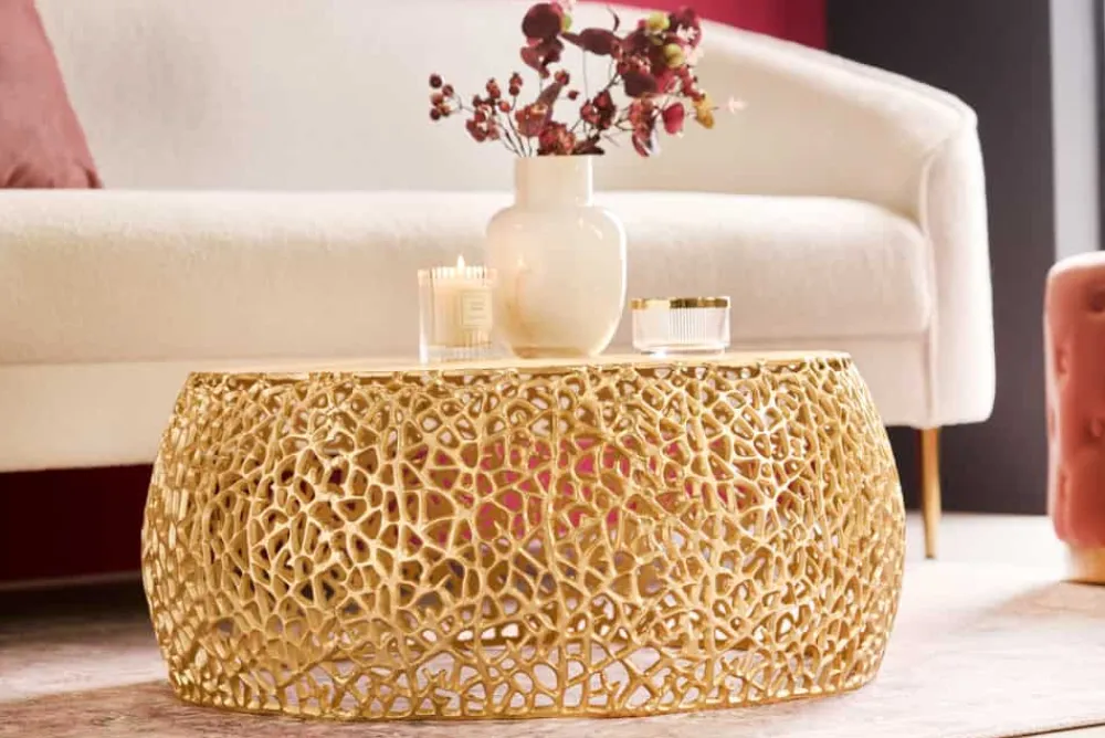 Riess-Ambiente Goldene Möbel|Couchtische & Truhen > Runder Couchtisch ABSTRACT LEAF 75cm gold Metall filigrane Handarbeit Vintage Design