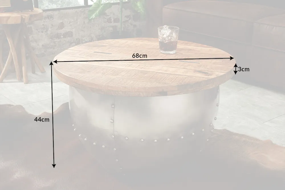 Riess-Ambiente Mehr...|Industrial Loft > Runder Couchtisch DRUMP STORAGE 70cm natur silber Mangoholz mit Stauraum handmade Industrial