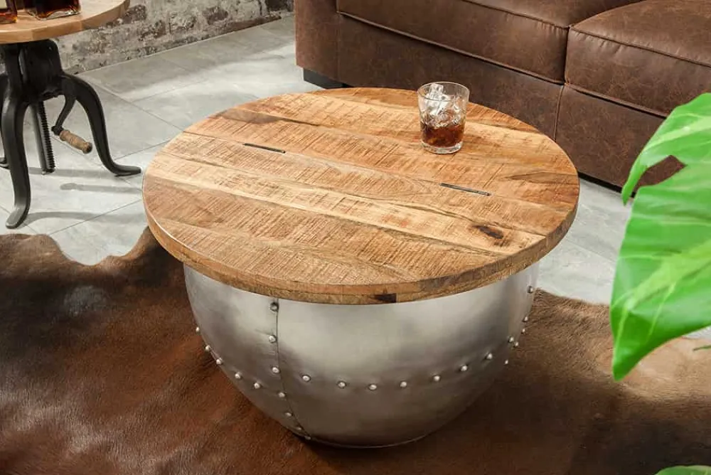 Riess-Ambiente Mehr...|Industrial Loft > Runder Couchtisch DRUMP STORAGE 70cm natur silber Mangoholz mit Stauraum handmade Industrial